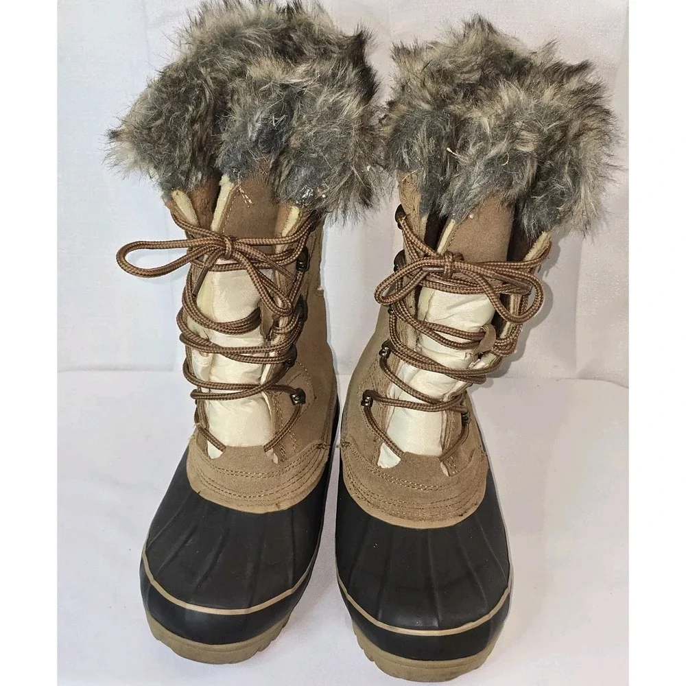 Khombu Nordic 2 Winter Snow Boots Brown Leather Faux Fur Lace Up Shoes Size‎ 6